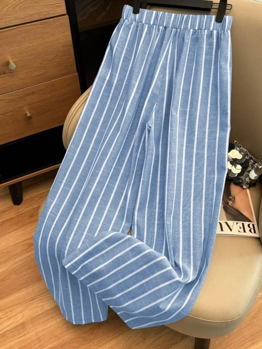 Blue And White Casual Women's Cotton Elastic Waistband Trousers